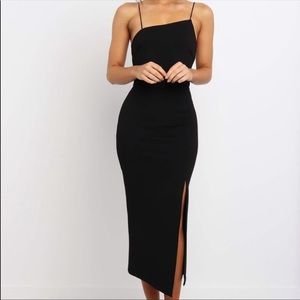 Whyte Valentyne Black Bodycon Midi Dress Thigh Slit New with Tags 6 90’s Y2K